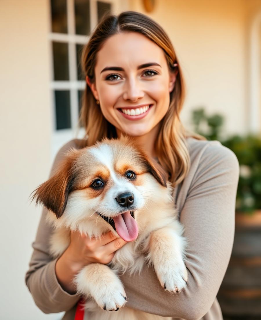 Charlotte Nottage, owner of Quorvax Limited, holding a happy fluffy dog