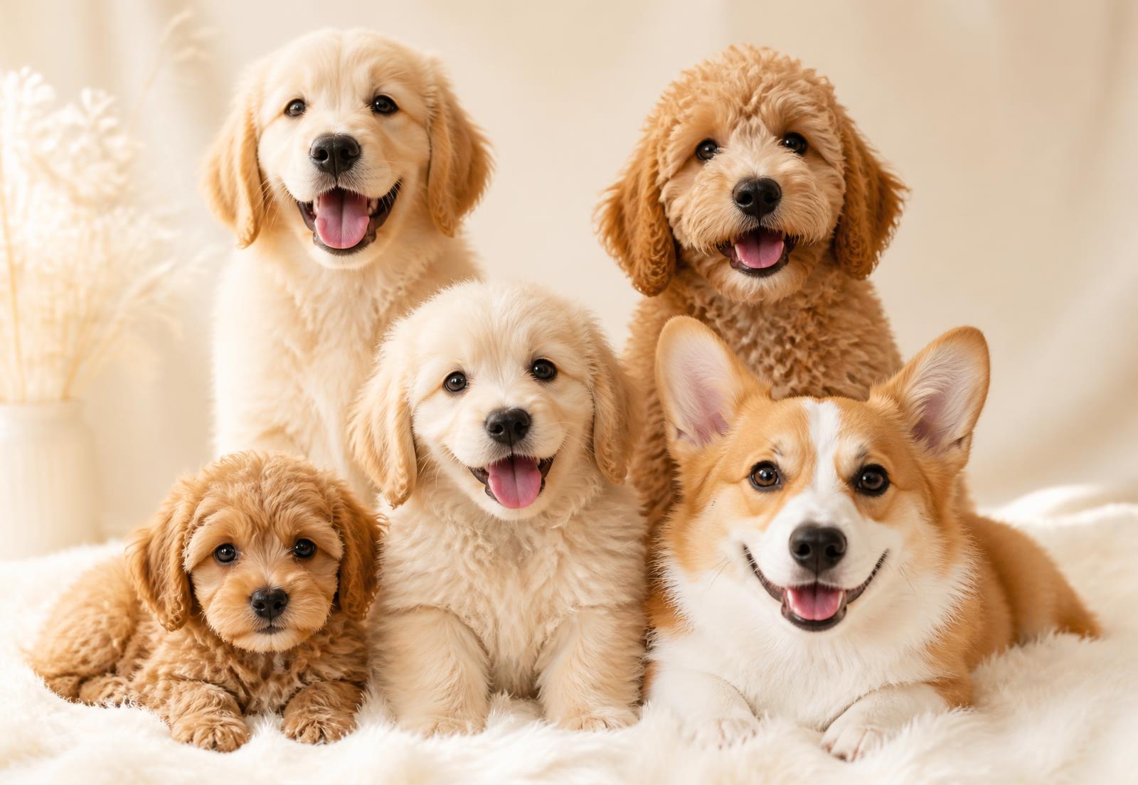 Five happy puppies sitting together on a soft cream blanket